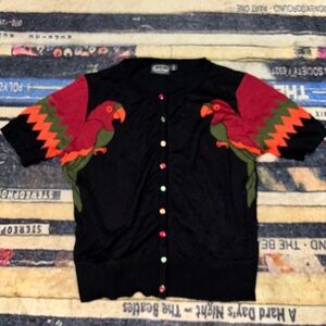 Voodoo Vixen parrot Black Cardigan with Colorful Buttons XL